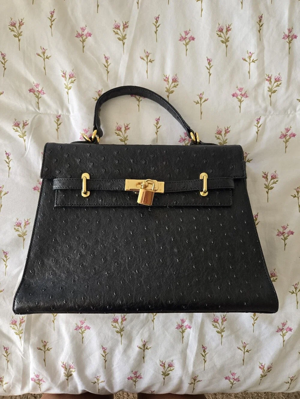 Black Structured Top-Handle Bag with Gold Hardware